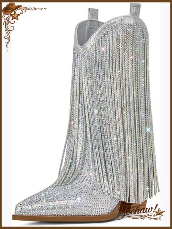 Shoes - Pointed Toe Western Boots with Rhinestones and Fringe, Chunky Heel